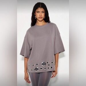 Gray Taupe Oversized Shirt + Silver Grommets | Mid-Sleeve | Chic | XS | NWT
